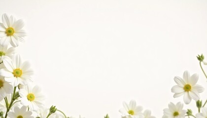 Fototapeta premium Soft white flowers beautifully border a blank space, inviting personal thoughts and creative expressions. Ideal for spring-themed greetings or artistic projects Generative AI