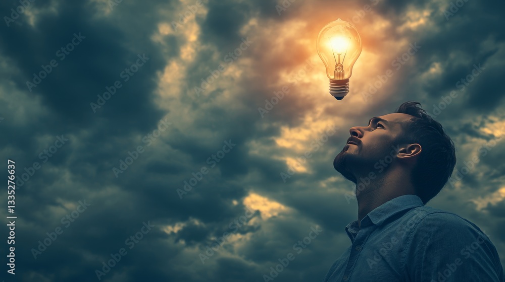 Poster a man deep in thought looks up at a light bulb descending from the sky. id_8c8e18cc-77fb-49d3-8baf-7
