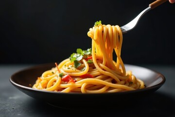 Silky noodles, glistening sauce, dark backdrop, chili, sauce