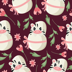 seamless pattern with a zebra icon sitting in a white egg with a bow and pink flowers on a pink background, design for Easter decorations