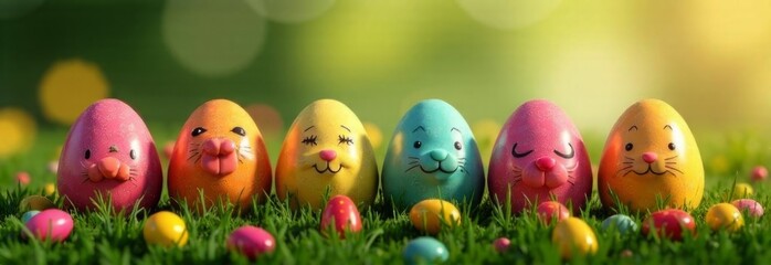 Charming Easter banner displaying beautifully painted eggs on vibrant green lawn. Adding touch of springtime cheer, for marketing campaigns, festive events, holiday decorations.