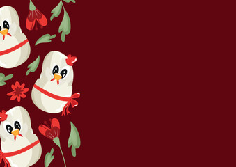 poster with an icon of a white rooster sitting in a white egg with a bow and red flowers on a red background, design for Easter decorations