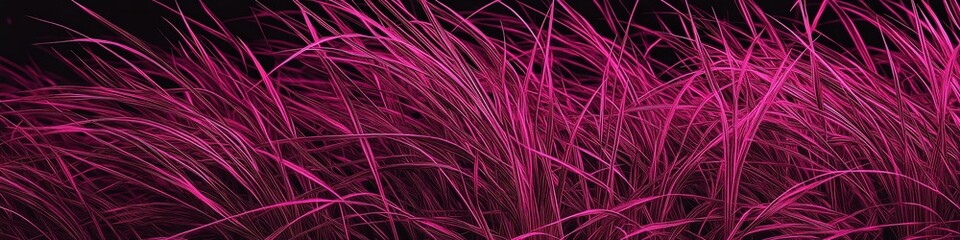 Toned grass. Viva magenta color. Trend 2023. Background for design. Plant leaves. Monochrome. Wide banner.
