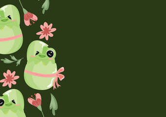 poster with icon of green frog sitting in green egg with bow and pink flowers on green background, design for Easter decorations