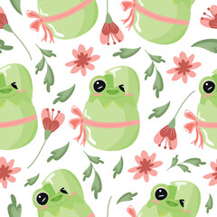 Obraz premium seamless pattern with icon of green frog sitting in green egg with bow and pink flowers, design for Easter decorations
