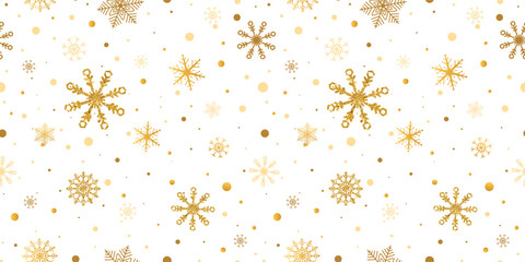 Snowflakes seamless pattern long banner. Gold glitter snowflakes background. Luxury Christmas frame. Winter ornament. New Year garland. Celebration snowfall. Vector illustration