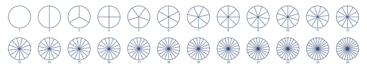 Segmented circles set. Diagram wheel parts. Line art segment slice sign. Circle section graph. Pie chart icon. Round diagram part infographic. Geometric element. Vector illustration