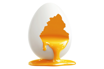 Close-up of cracked white egg with yolk inside eggshell, isolated on white transparent background. Concept of Easter, food, fertility, and organic nutrition