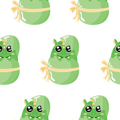 seamless pattern with icon of green dragon sitting in green egg with bow, design for Easter decorations