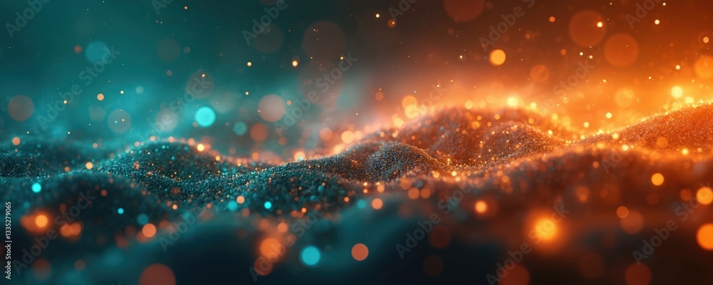 Poster abstract glowing background with sparkling light particles. blue and orange gradient. shiny glitter 