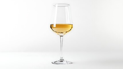 A clear wine glass filled with yellow liquid against a minimalistic background.