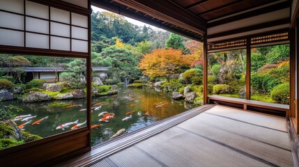 Fototapeta premium A koi pond framed by traditional Japanese wooden decking, perfect for meditation.