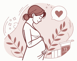 Pregnant Woman Holding Her Belly. Vector illustration of a pregnant woman gently holding her belly with a calendar and heart icon. Monochrome line art style. Concept of maternity, expecting baby.