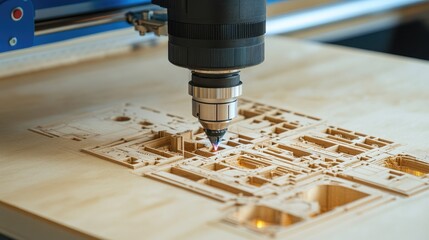 Laser Cutting Machine Engraving Intricate Design on Plywood Surface in Workshop