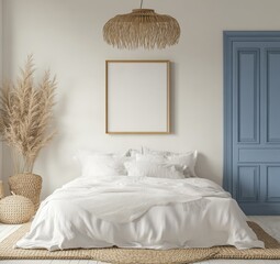 Cozy bedroom interior design with a neutral color palette, featuring a framed print, a wicker pendant light, and a simple bed