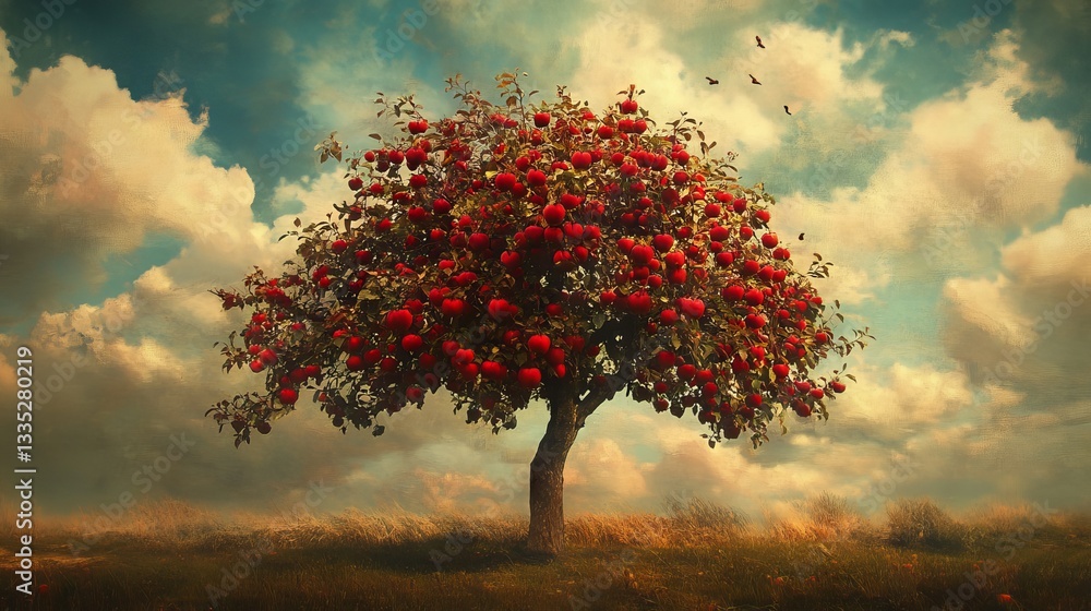 Poster an apple tree with a surreal touch, digitally created.