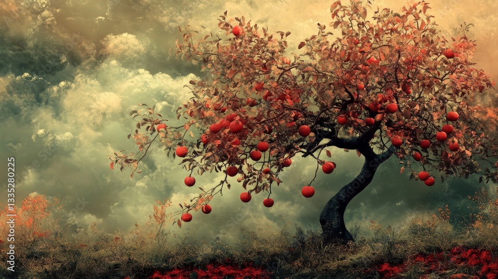Poster an apple tree with a surreal touch, digitally created.