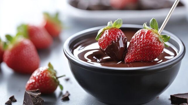 A tempting close-up shot of a fresh, ripe strawberry being dipped into a fondue pot filled with smooth, melted chocolate.