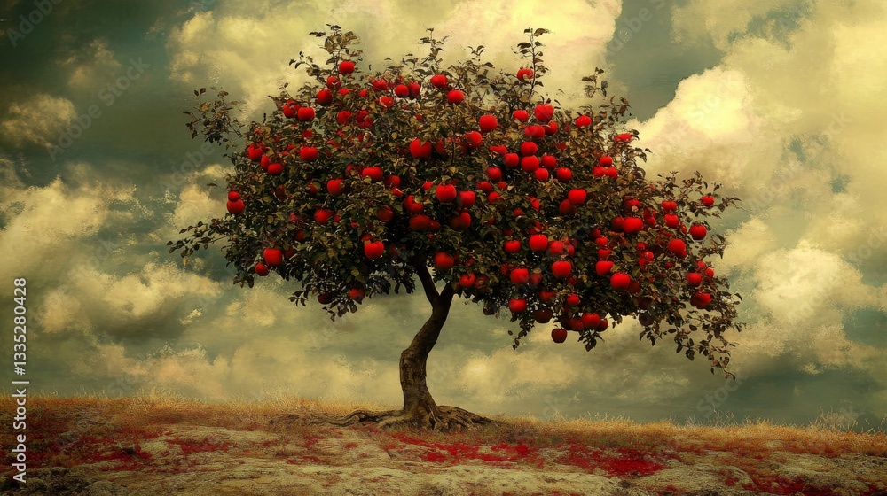 Poster an apple tree with a surreal touch, digitally created.