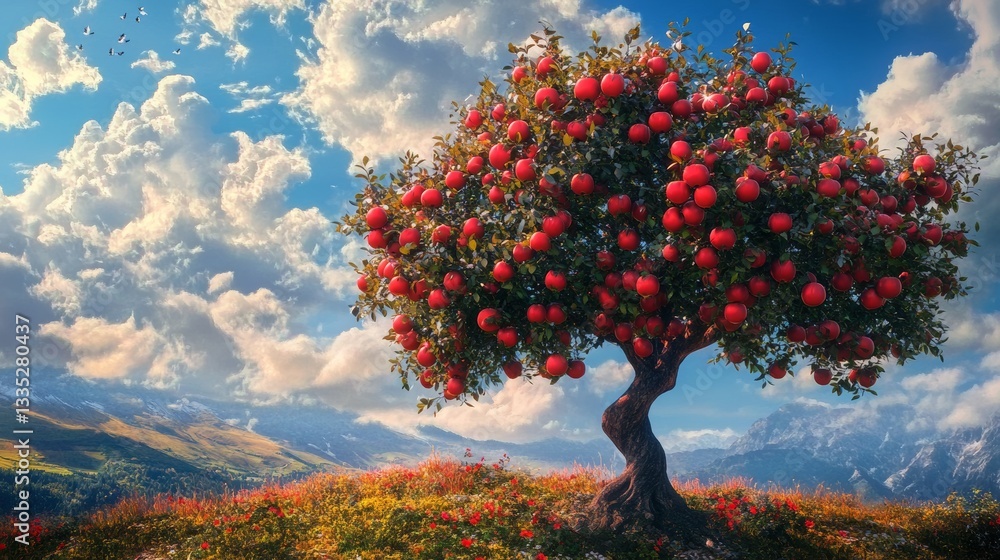 Poster an apple tree with a surreal touch, digitally created.