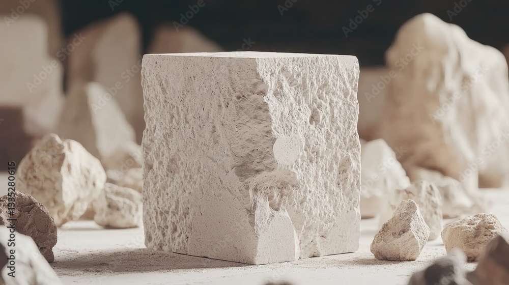 Poster a white cube with a rough texture sits on a white surface, surrounded by smaller rocks.