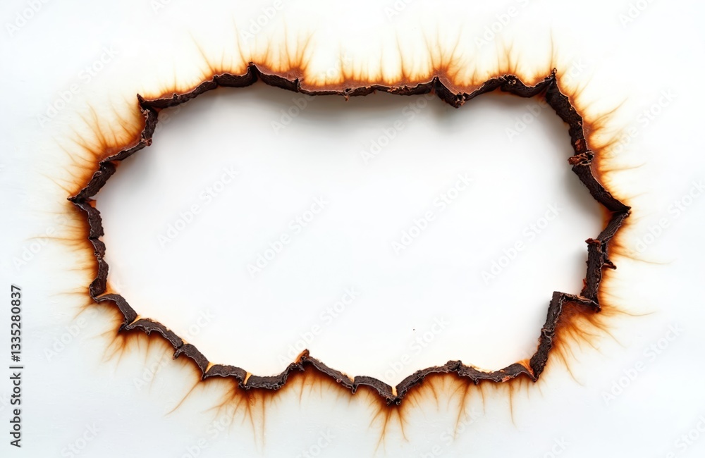 Poster burned frame hole on white paper background. fire burn mark stain texture. damaged aged sheet concep