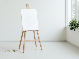 Blank canvas on easel in bright room with natural light and plants