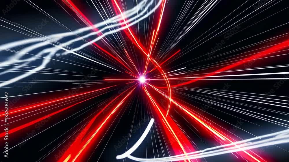 Poster dynamic explosion of red and white light beams on a dark background, futuristic concept