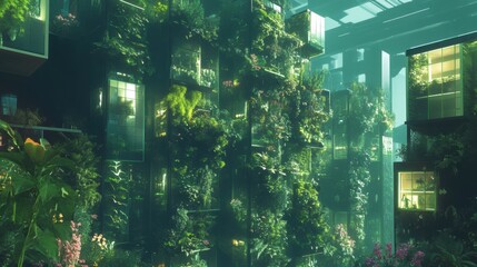 A 3D visualization of a green skyscraper equipped with self-cleaning glass and vertical gardens
