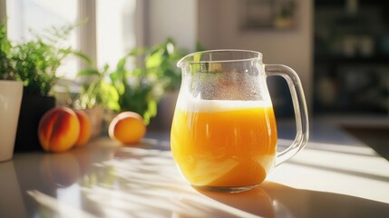 a clear glass pitcher filled with frothy peach juice sparkling in the sunlight