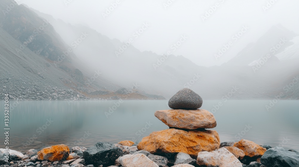 Poster a rock formation with a large boulder on top sits in front of a lake, with mountains in the backgrou