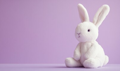 Fototapeta premium A white stuffed rabbit is sitting on a purple background