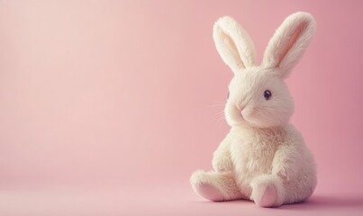 A white stuffed rabbit is sitting on a pink background