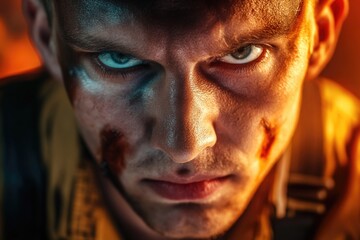 Intense young caucasian male with combat makeup in dramatic lighting