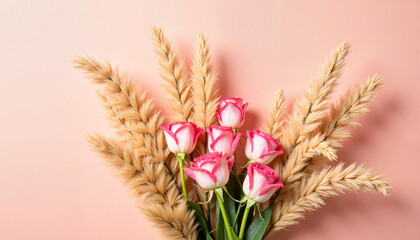 Boho bouquet with pampas grass and roses against pastel background, tranquility