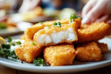A plate of crispy golden fish fillets with a crunchy breadcrumb coating and a tender flaky white fish interior, garnished with fresh parsley