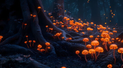 Forest floor covered in glowing fungi and vines, nature, vines. Surreal Fungi. Illustration