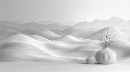 Serene minimalist landscape with sculpted vases desert environment artistic photography tranquil view