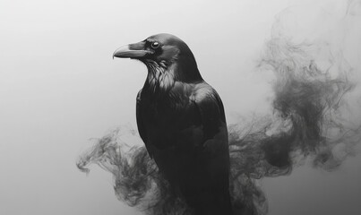 A black crow is standing in front of a cloud of smoke