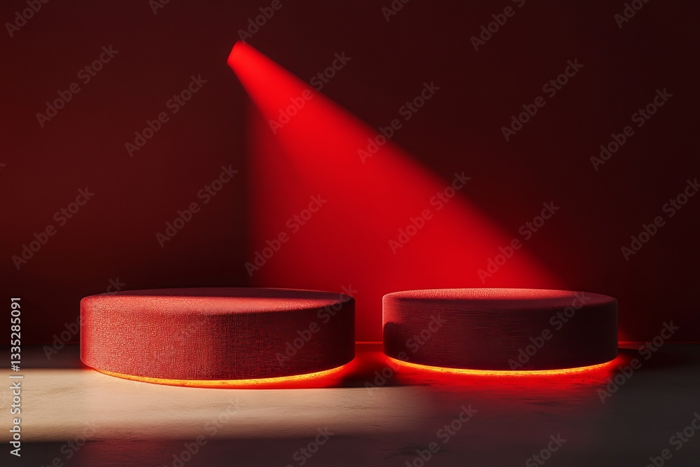 Poster red cylindrical platforms illuminated dramatic studio product display background red light minimalis