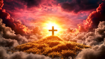 Sunset over a cornfield with a Christian church. Theme for Thanksgiving Day