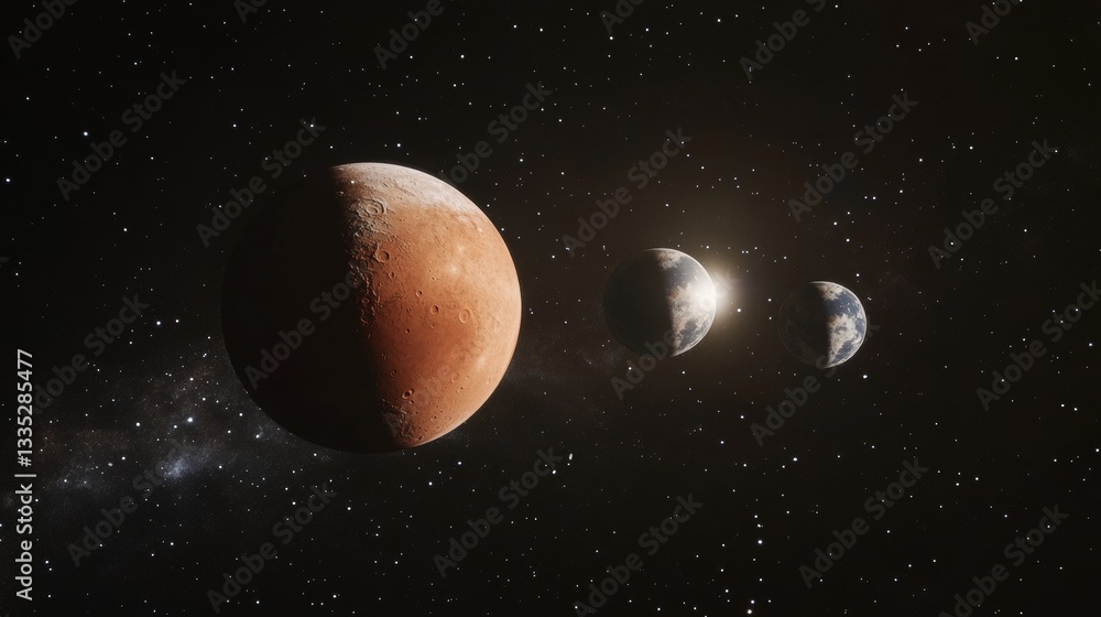 Aufkleber mars, earth and the moon are shown in the vast expanse of space in a realistic 3d rendering.