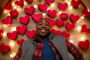 Valentine's day greeting from man or for man: impressive vivid image of loving black adult man. Love confession. Commercial ad campaign concept art. Charming couple advertising. Heart symbol.