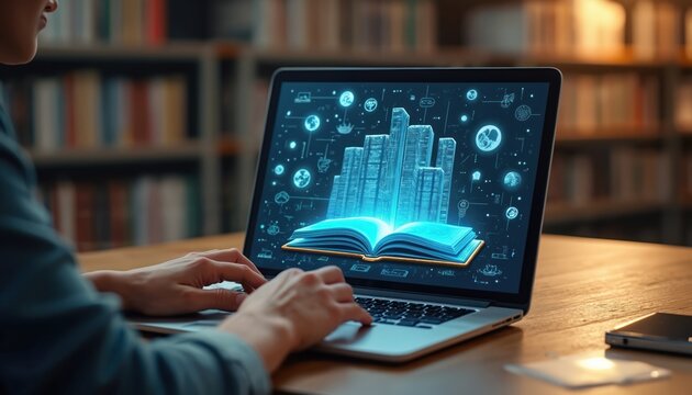 Person uses laptop with virtual ebook on screen. Electronic books online, internet knowledge base, digital library or e-library, remote education, cyberspace concept. Student studies on computer.