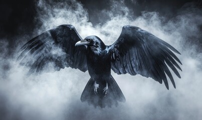 A black crow is standing in the air with its wings spread out