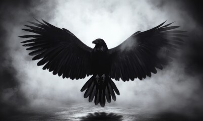 A black bird with its wings spread out in the air