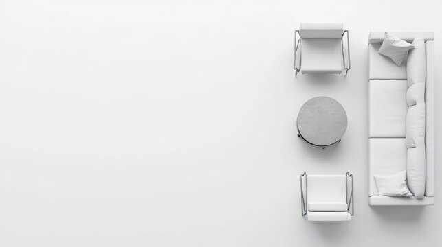 Clean, overhead view of minimalist furniture arrangements featuring a white sofa, small armchairs