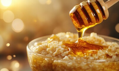 A spoonful of oatmeal is drizzled with honey