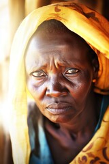 Portrait of elderly african woman with yellow headscarf expressing resilience