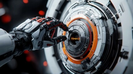 Fototapeta premium Robotic Hand Interacting With Futuristic Circular Interface